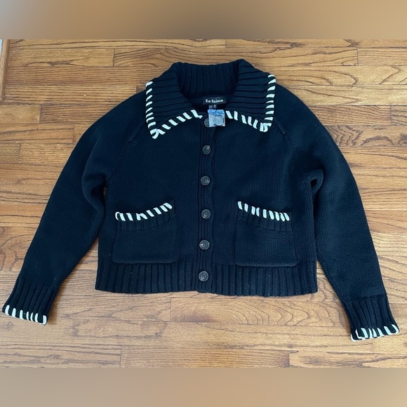 En Saison Piper Whipstitch Black & White Cardigan Sweater Women’s Medium NEW - Picture 9 of 14